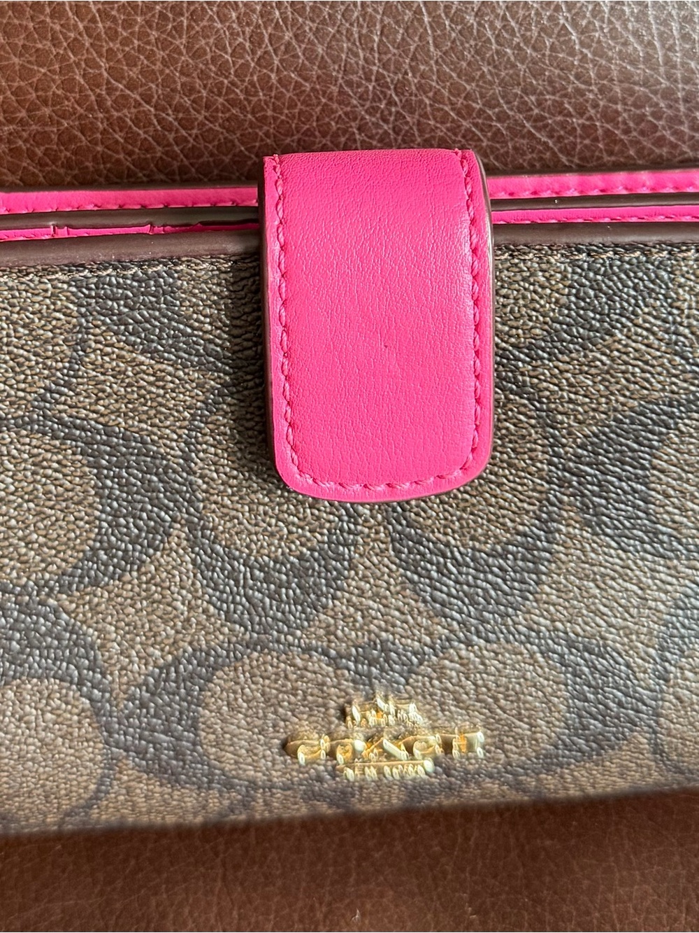 Coach Brown Signature Canvas Wallet with Hot Pink Trim